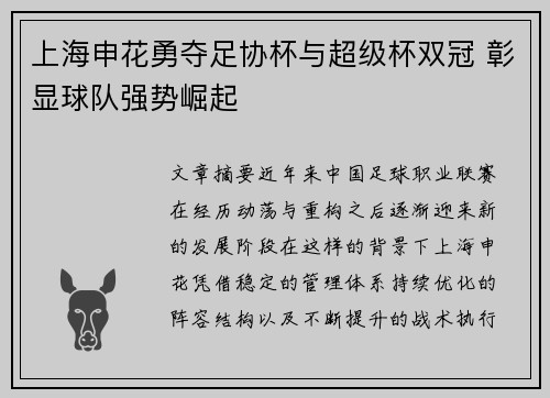 上海申花勇夺足协杯与超级杯双冠 彰显球队强势崛起