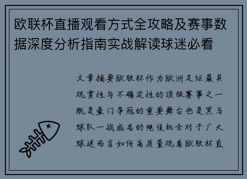 欧联杯直播观看方式全攻略及赛事数据深度分析指南实战解读球迷必看